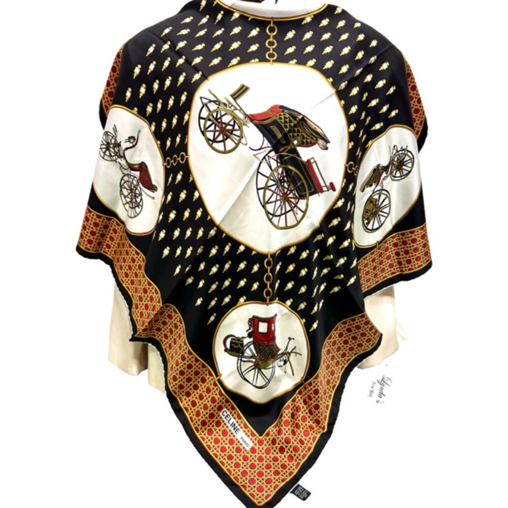 CELINE Paris 100% Silk Satin Scarf 34" beige black gold carriage France  Made(60 - Picture 4 of 14